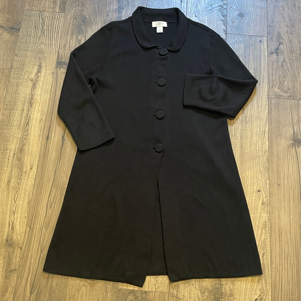 Ann Taylor LOFT Black Cotton Longline Cardigan Peter Pan Collar Sweater Small